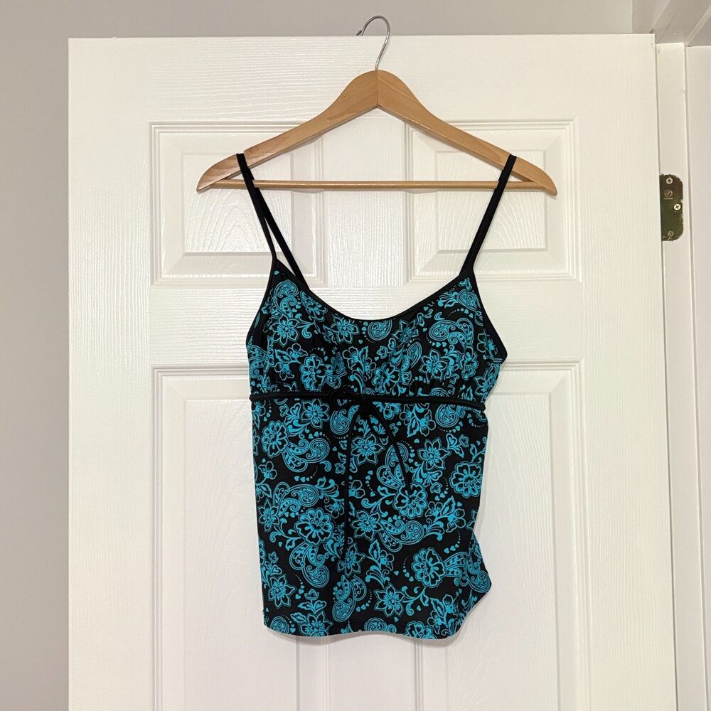 Swim Tankini Top Womens 12 Blue Black Floral Paisley Empire Waist Padded Bra Y2K